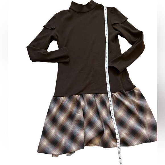 VINTAGE Wool Blend Brown Knit Drop Waist Plaid Skirt Long Sleeve Dress 48 - Picture 5 of 10